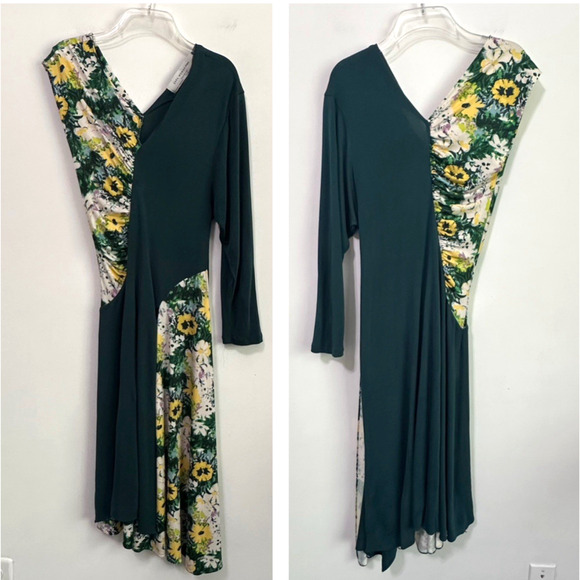 Zara Woman Midi Dress M/L One Sleeve Green & Floral Asymmetric Hem Party FLAW - Picture 1 of 10